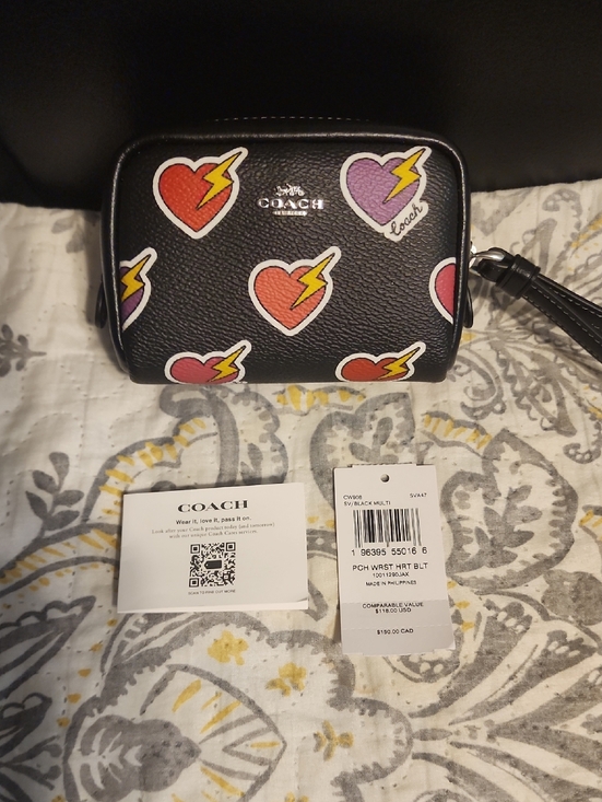 Coach Handbags - Coach Black Leather Wristlet with Lightning Heart Patches